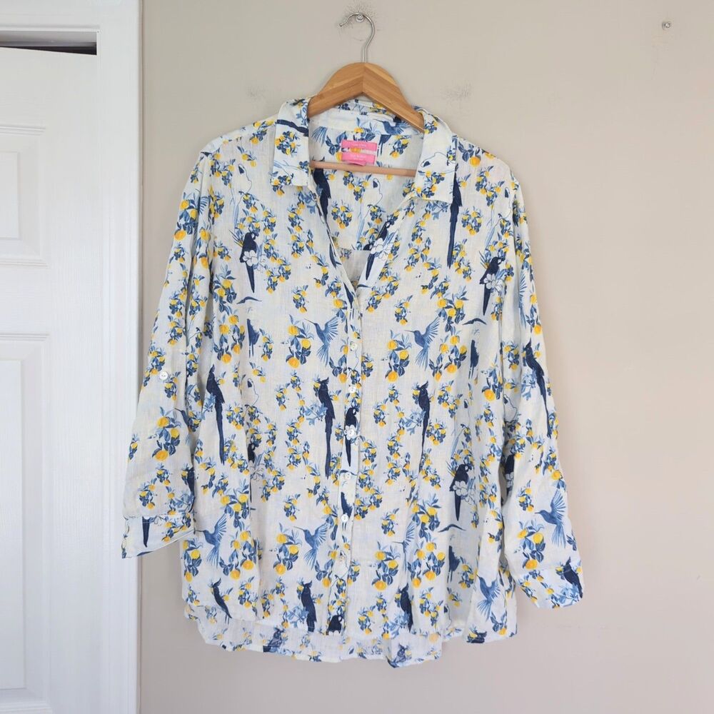 Isaac Mizrahi White 100%  Linen Bird Print Button Down Long Sleeve Shirt 2X Plus